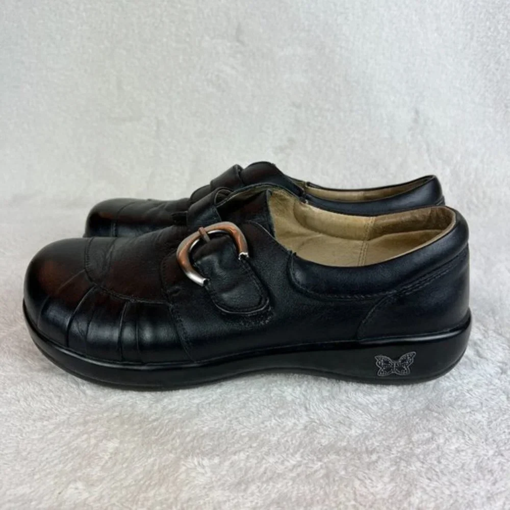 Alegria Leather Shoes‎ 9/9.5 Womens 39 EU Khloe Black Nappa Buckle Wedge